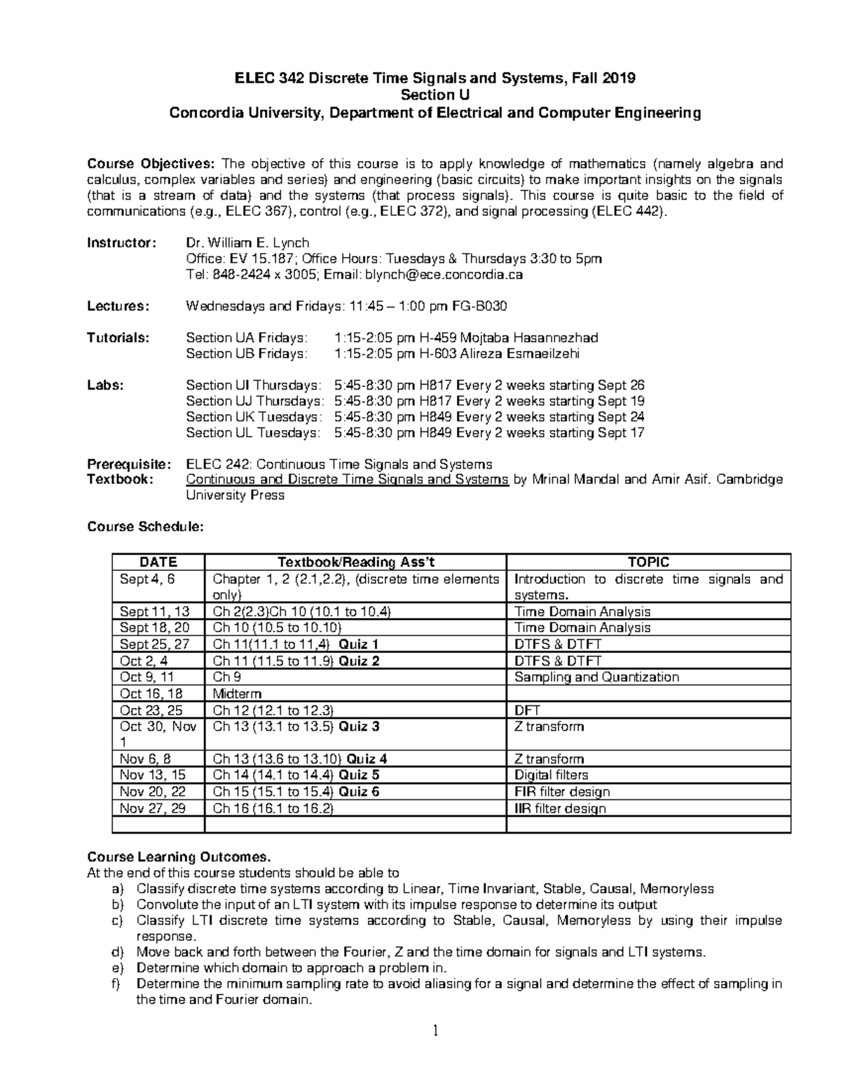 Course Outline - As per title. - ELEC 342 Discrete Time Signals and ...