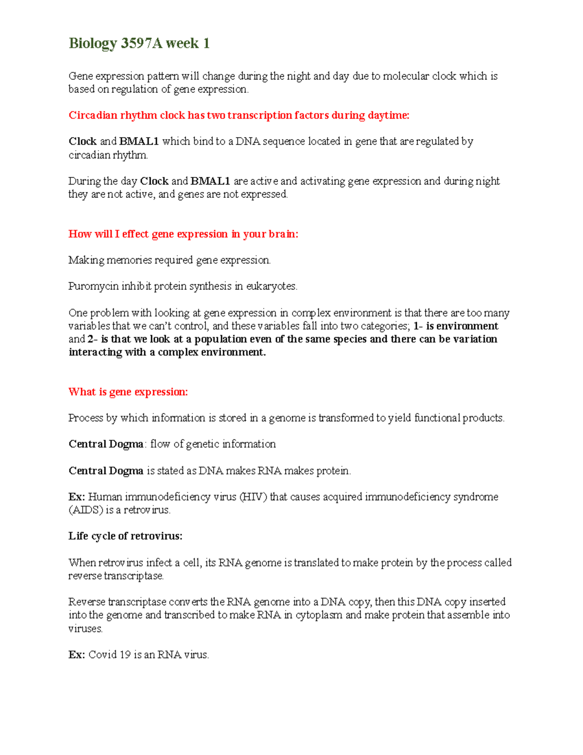Week 1 - lecture note for first exam - Gene expression pattern will ...