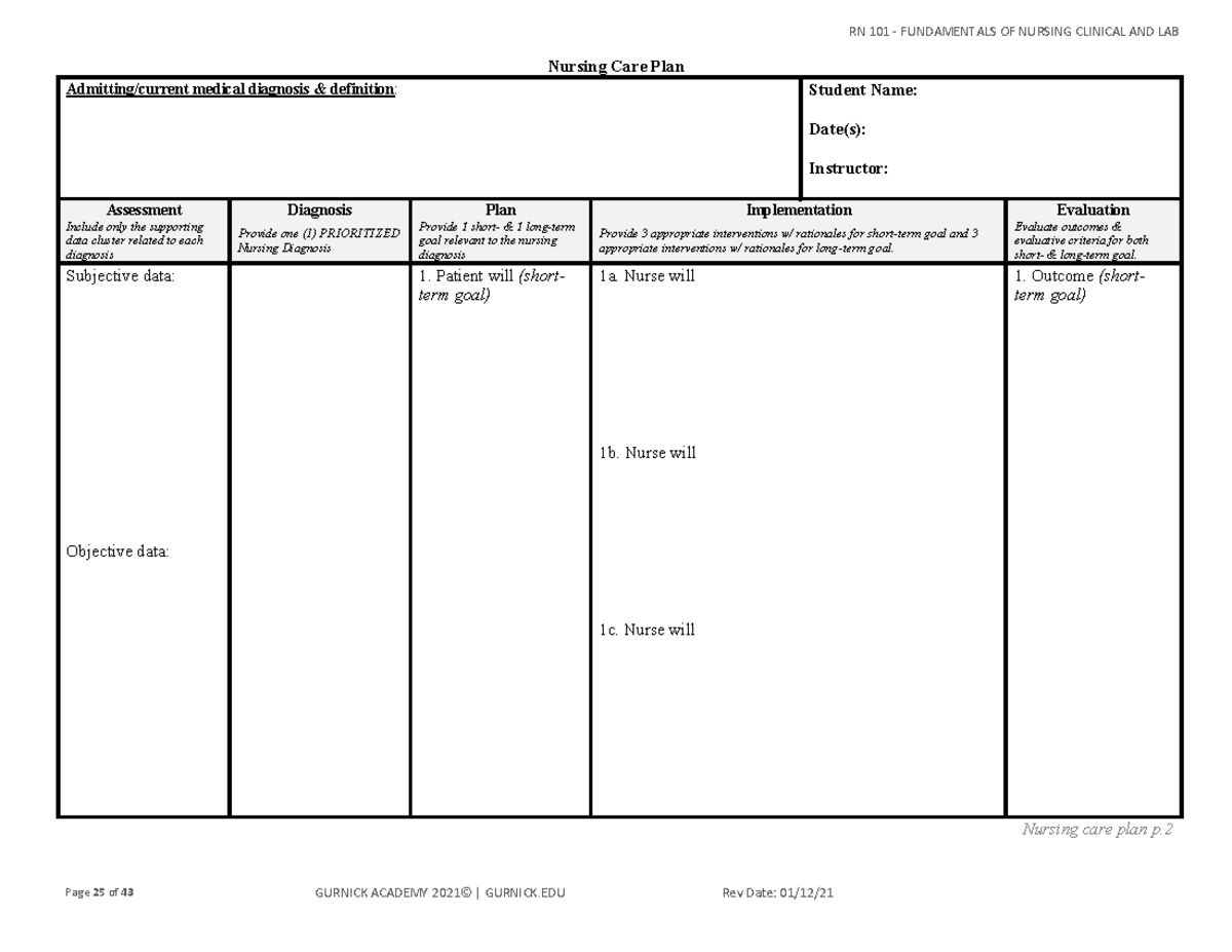 Nursing Care Plan - RN 101 - FUNDAMENTALS OF NURSING CLINICAL AND LAB ...