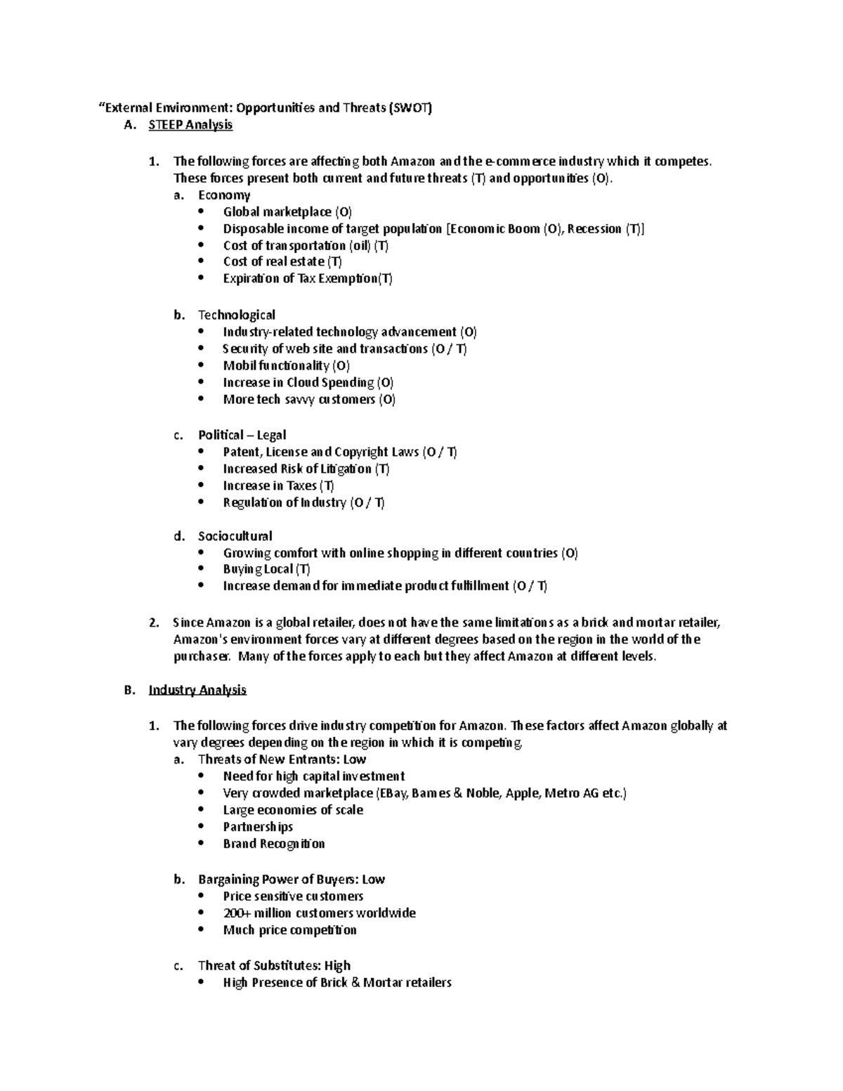 Amazon Case Analysis “External Environment Opportunities and Threats