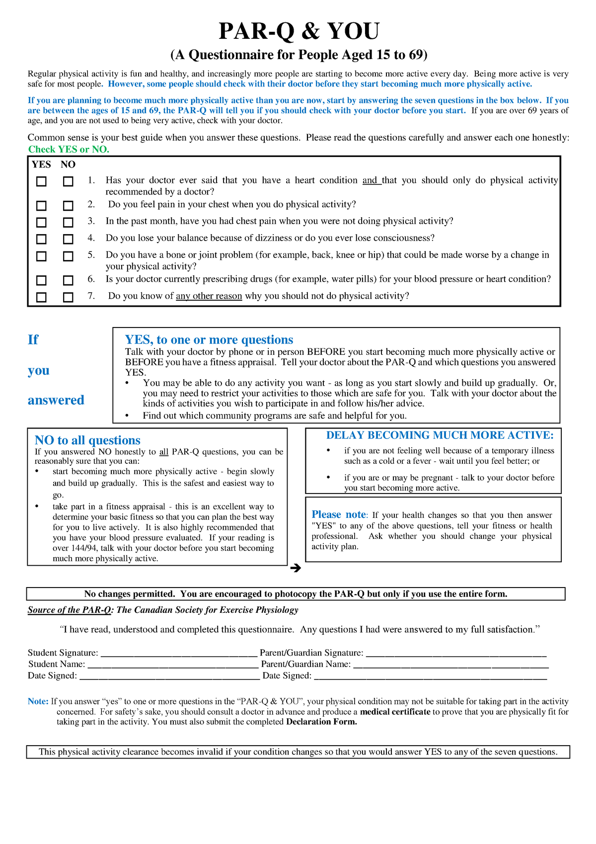 PAR-Q-YOU (Assessing one's physical aspect) - PAR-Q & YOU (A ...