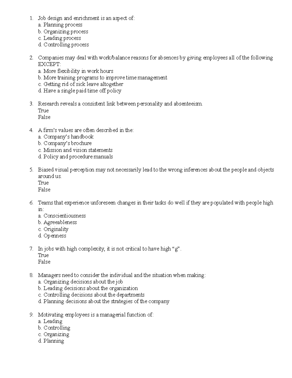 Quiz 2 2017, questions and answers - 1. Job design and enrichment is an ...