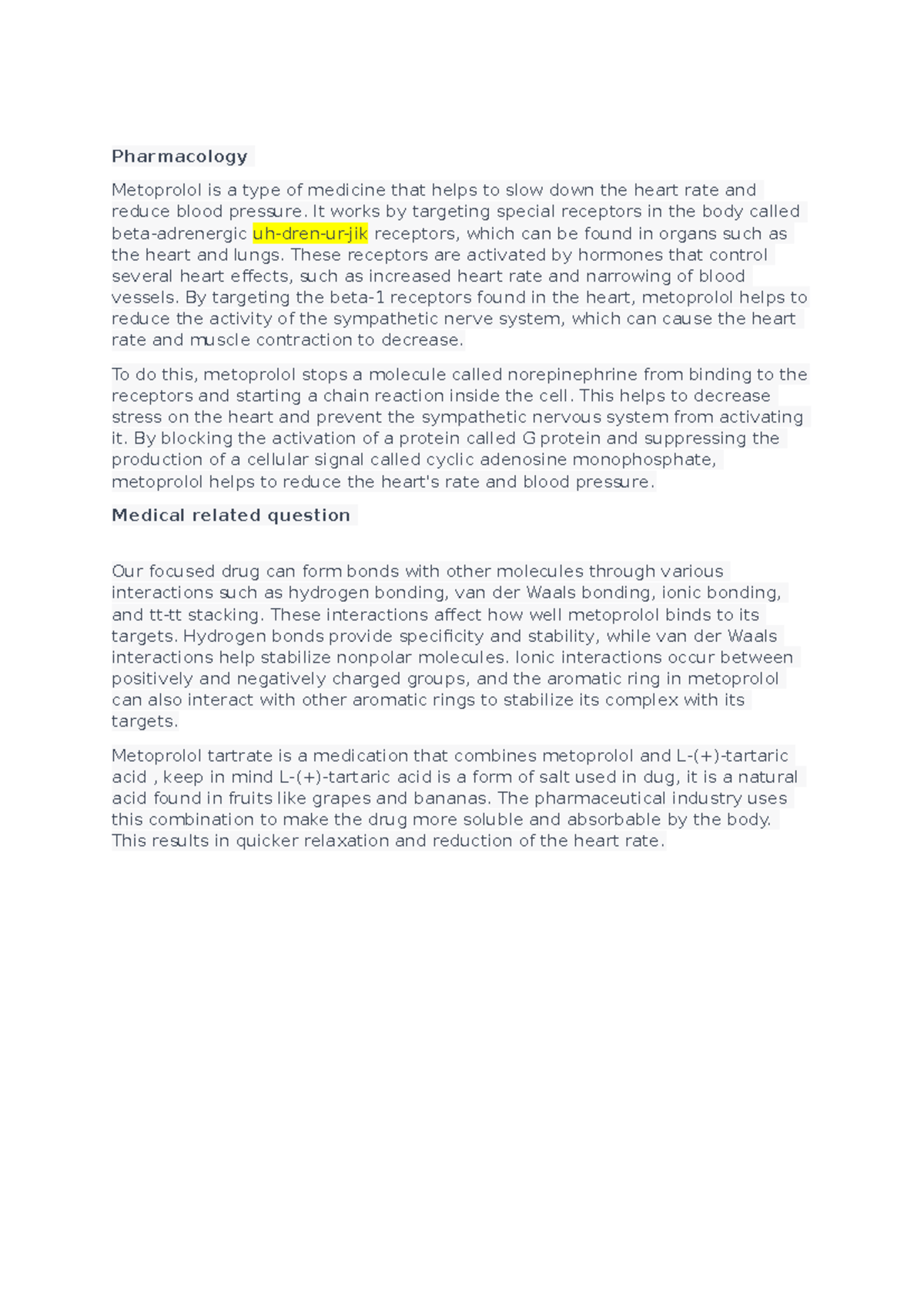 Pharmacology - script for metoprolol - Pharmacology Metoprolol is a ...