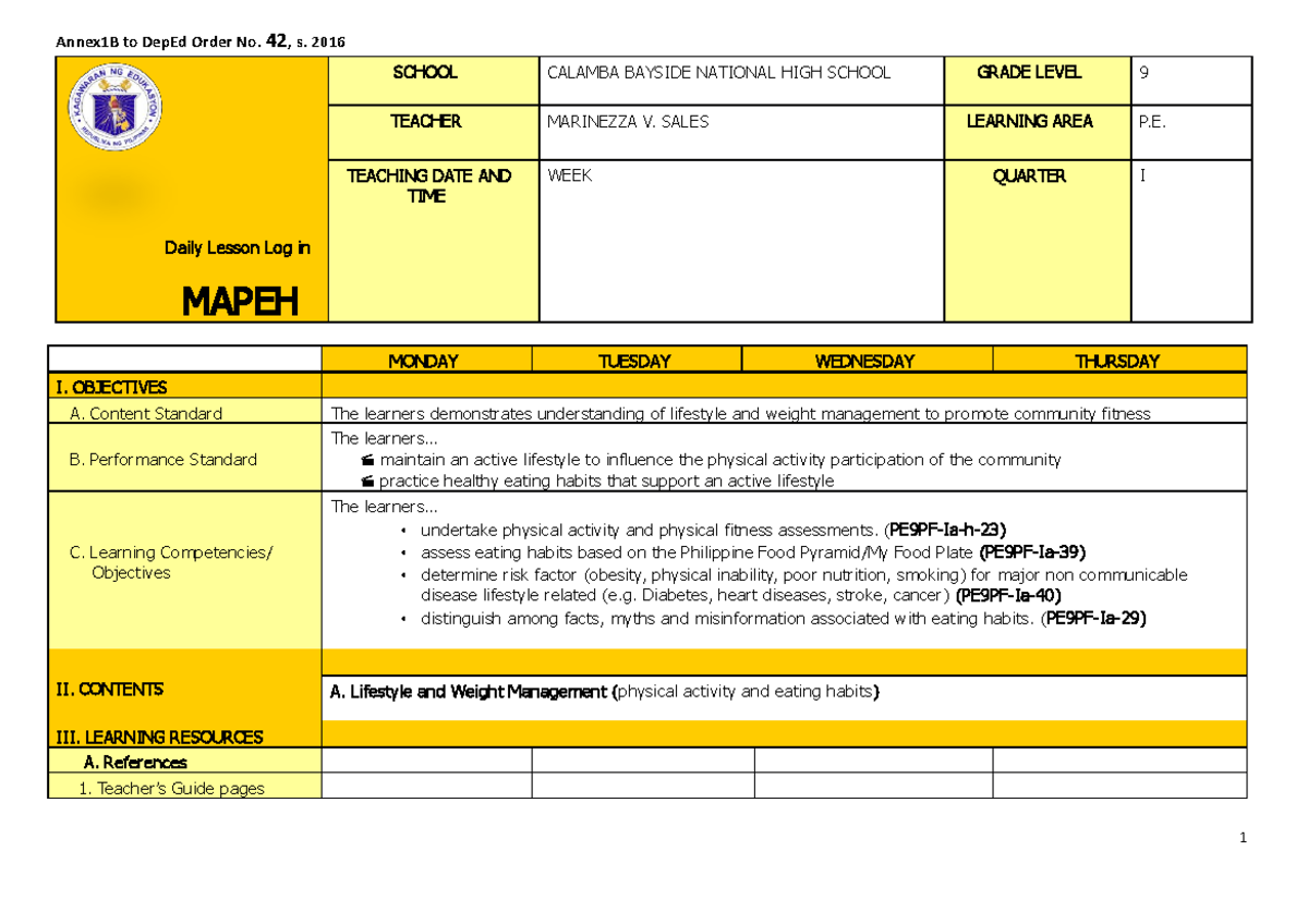 Q1 Grade 9 PE DLL Week 1 - wqwwe - Daily Lesson Log in MAPEH SCHOOL ...
