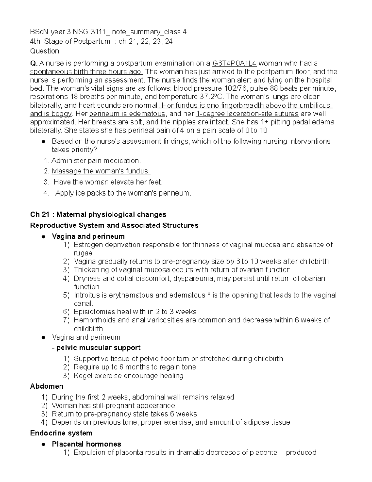 Class 4 BSc N year 3 NSG 3111 note summary - BScN year 3 NSG 3111_ note ...