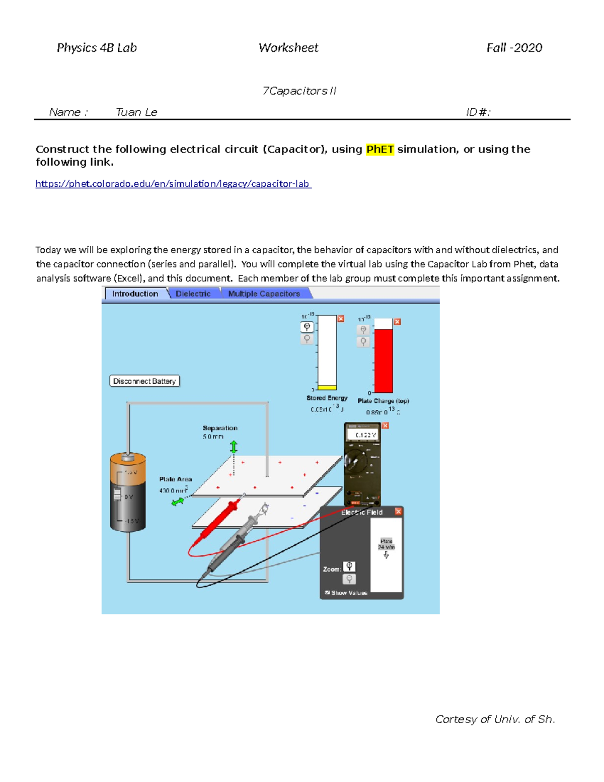 Capacitor 2 worksheet Oct 2020 R 7Capacitors II Name Tuan Le ID