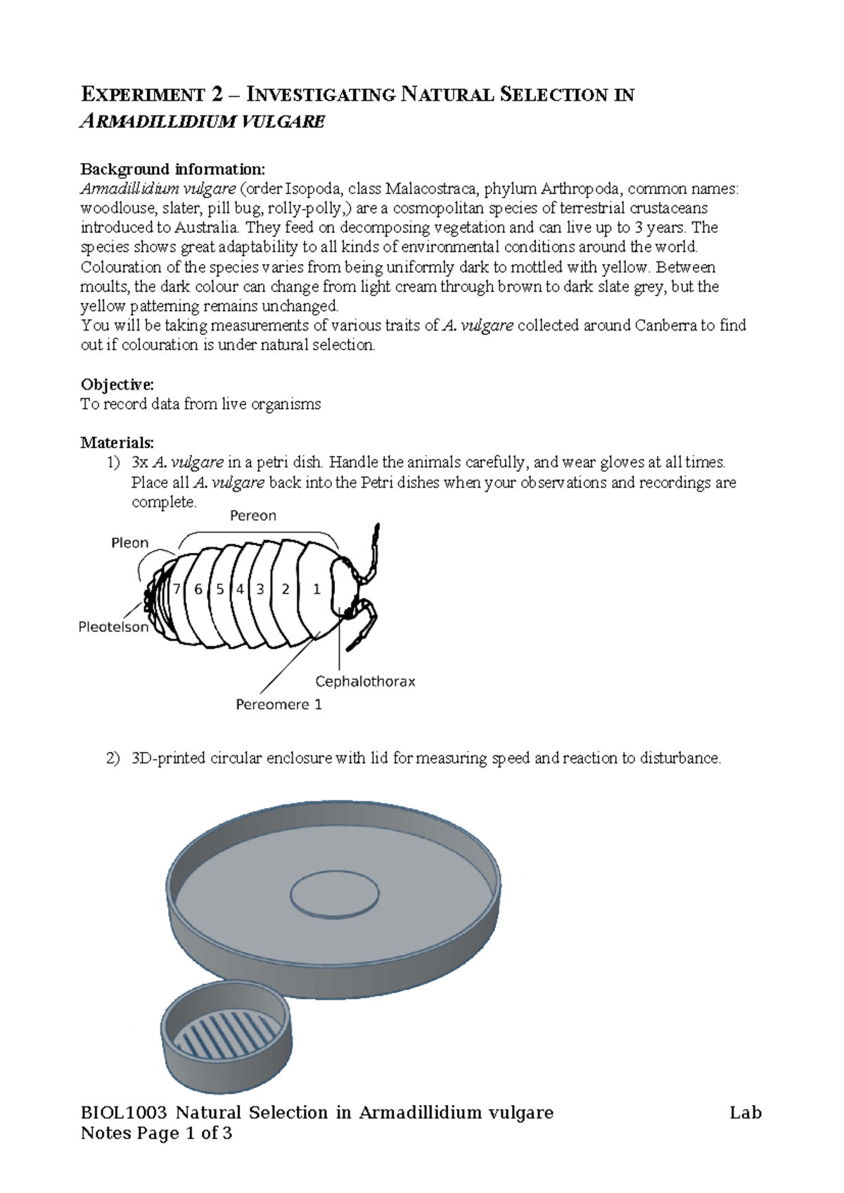 BIOL1003 2024 Prac 1.2 Pill Bugs - EXPERIMENT 2 – INVESTIGATING NATURAL ...