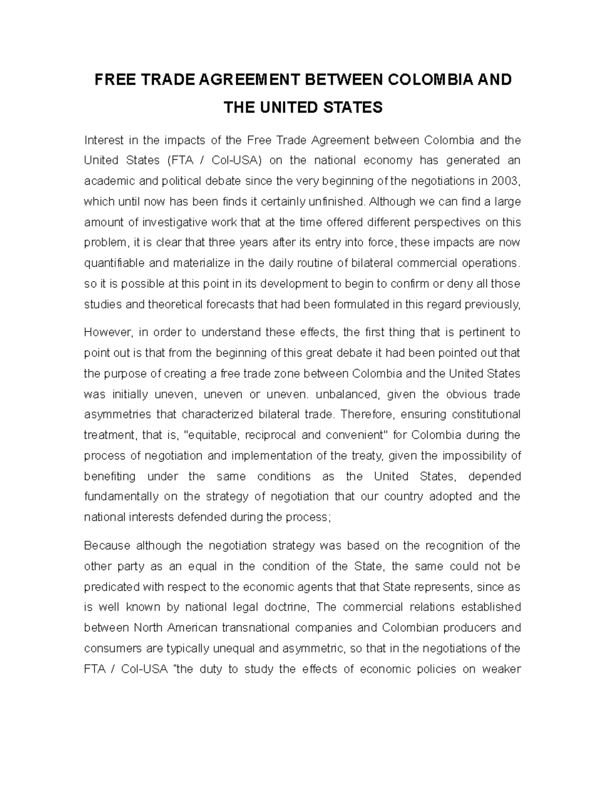 FREE Trade Agreement Between Colombia AND THE United States - FREE ...