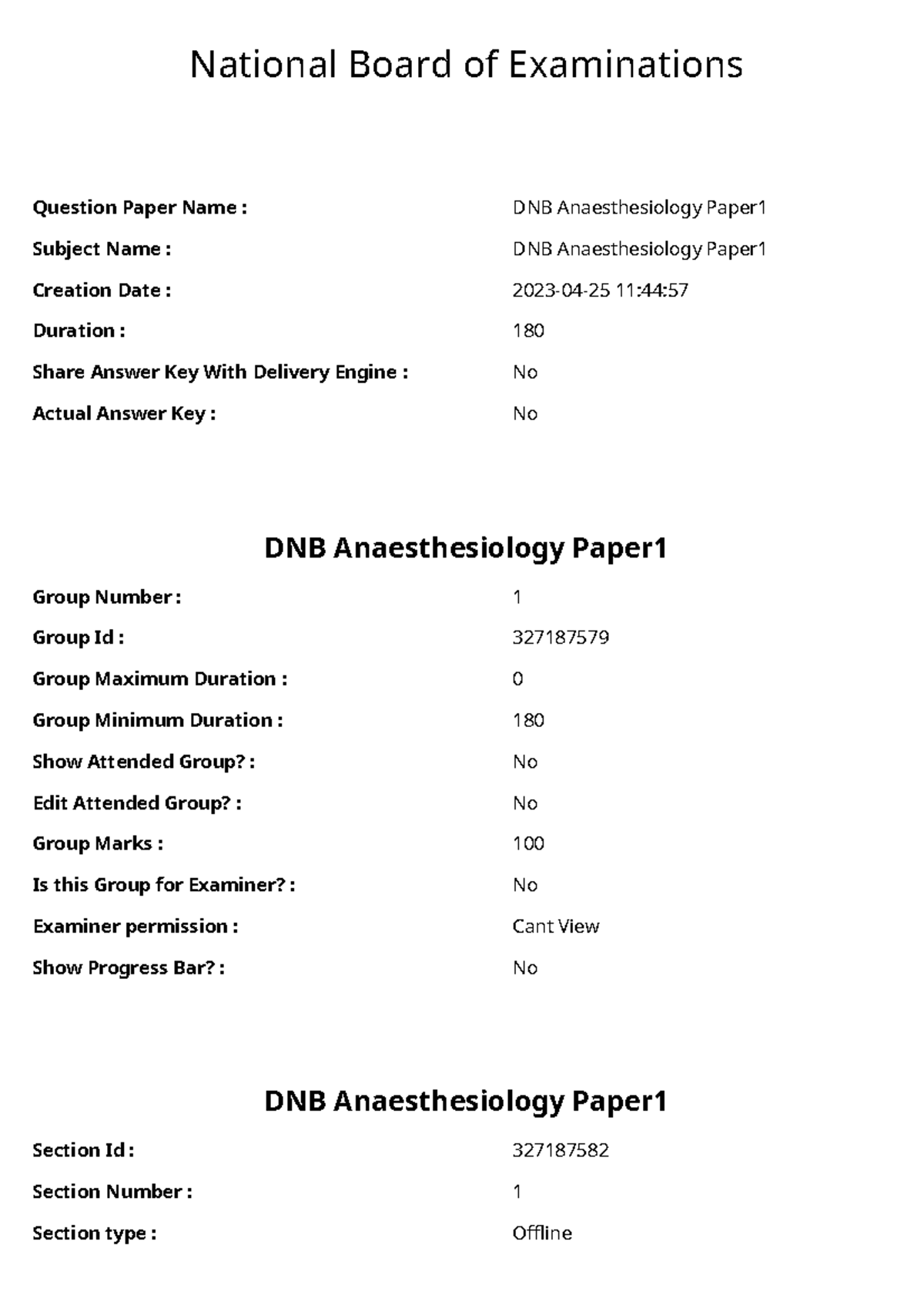 DNB Anaesthesiology Paper 1 National Board of Examinations Question