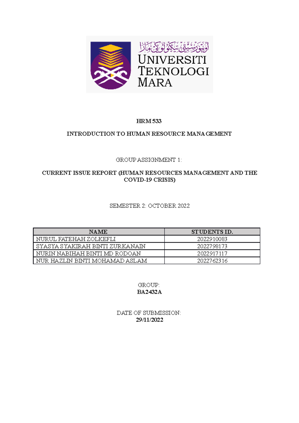 hrm533 group assignment current issue