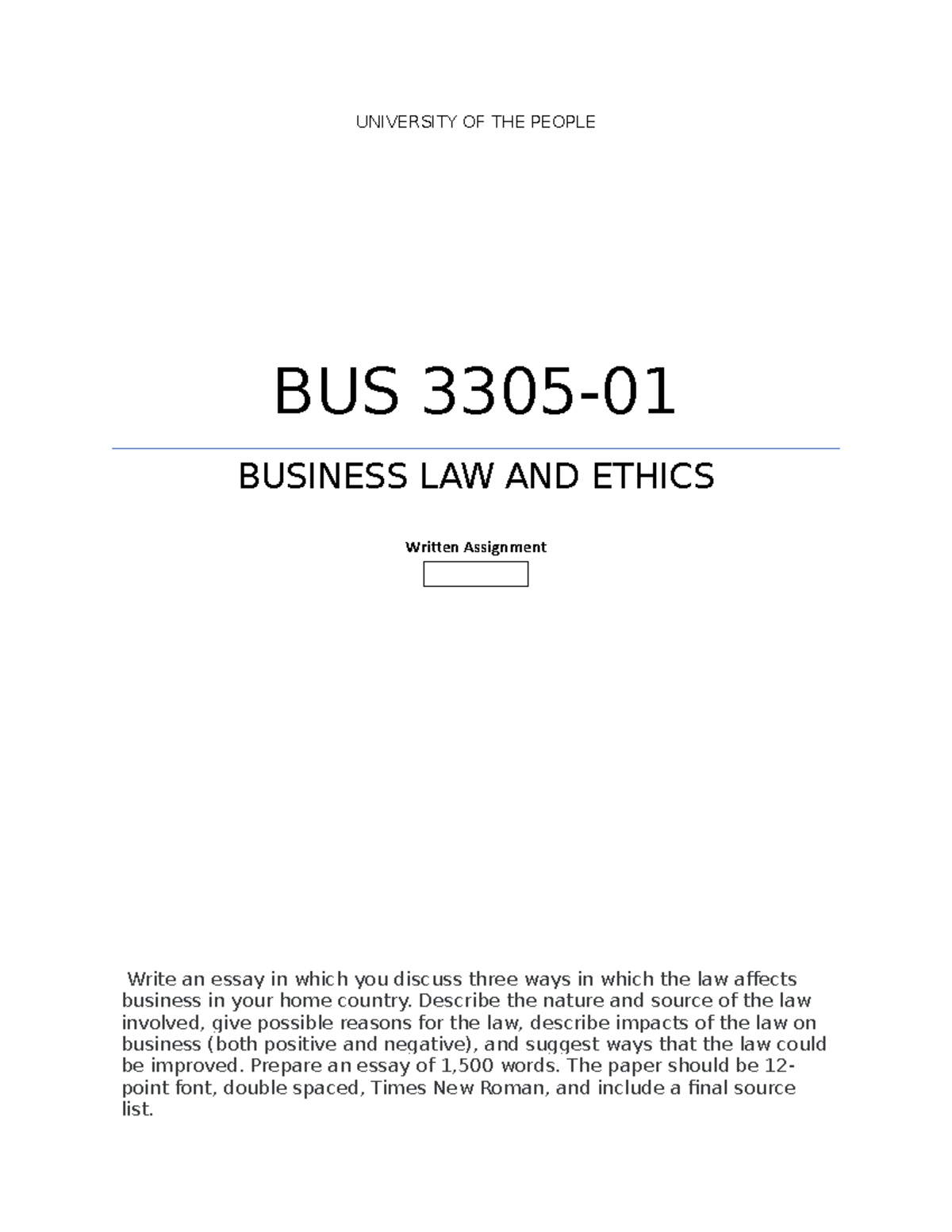 Business Law And Ethics Written Assignment - UNIVERSITY OF THE PEOPLE ...