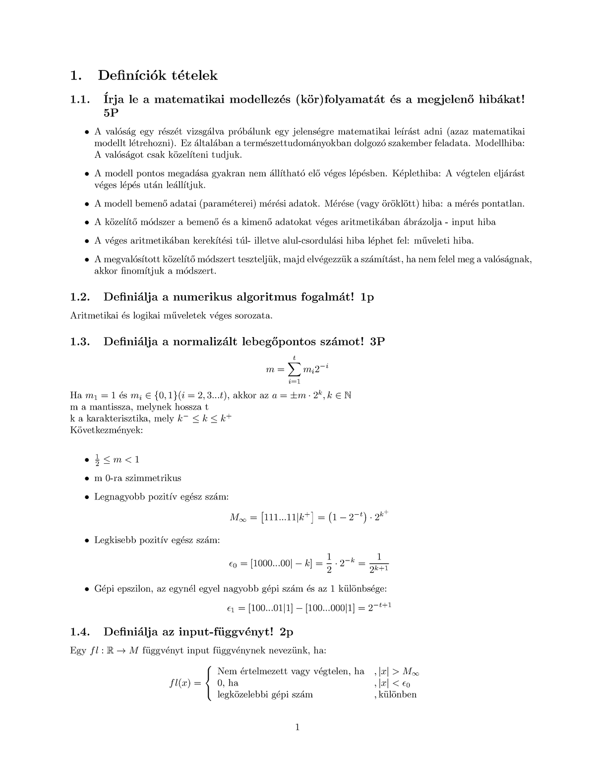 Numanal Numerikus Analizis 1 Defin ́ıci ́ok T ́etelek 1 ́ Irja Le A Matematikai Modellez 0583