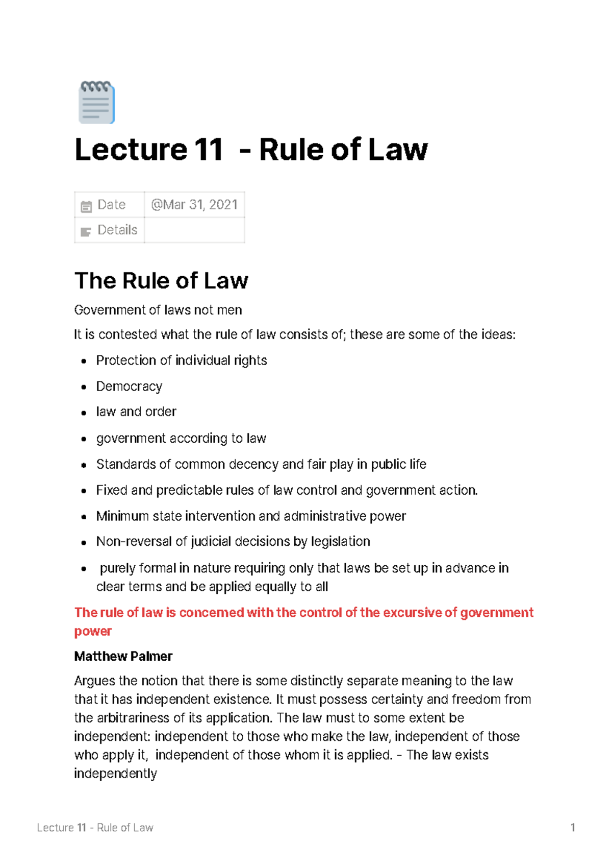 Lecture 11 - Rule of Law - 🗒 Lecture 11 - Rule of Law Date Details The ...