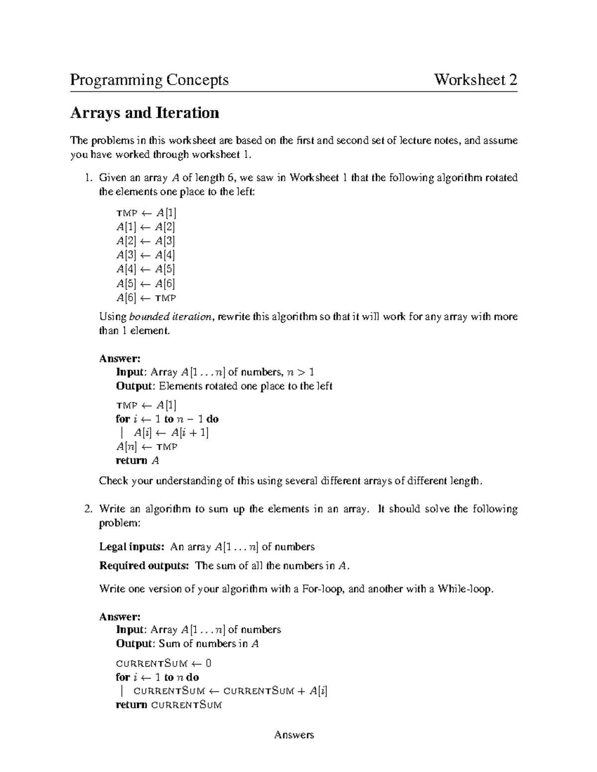 Answer sheet for Worksheet 2 - Programming Concepts Worksheet 2 Arrays ...