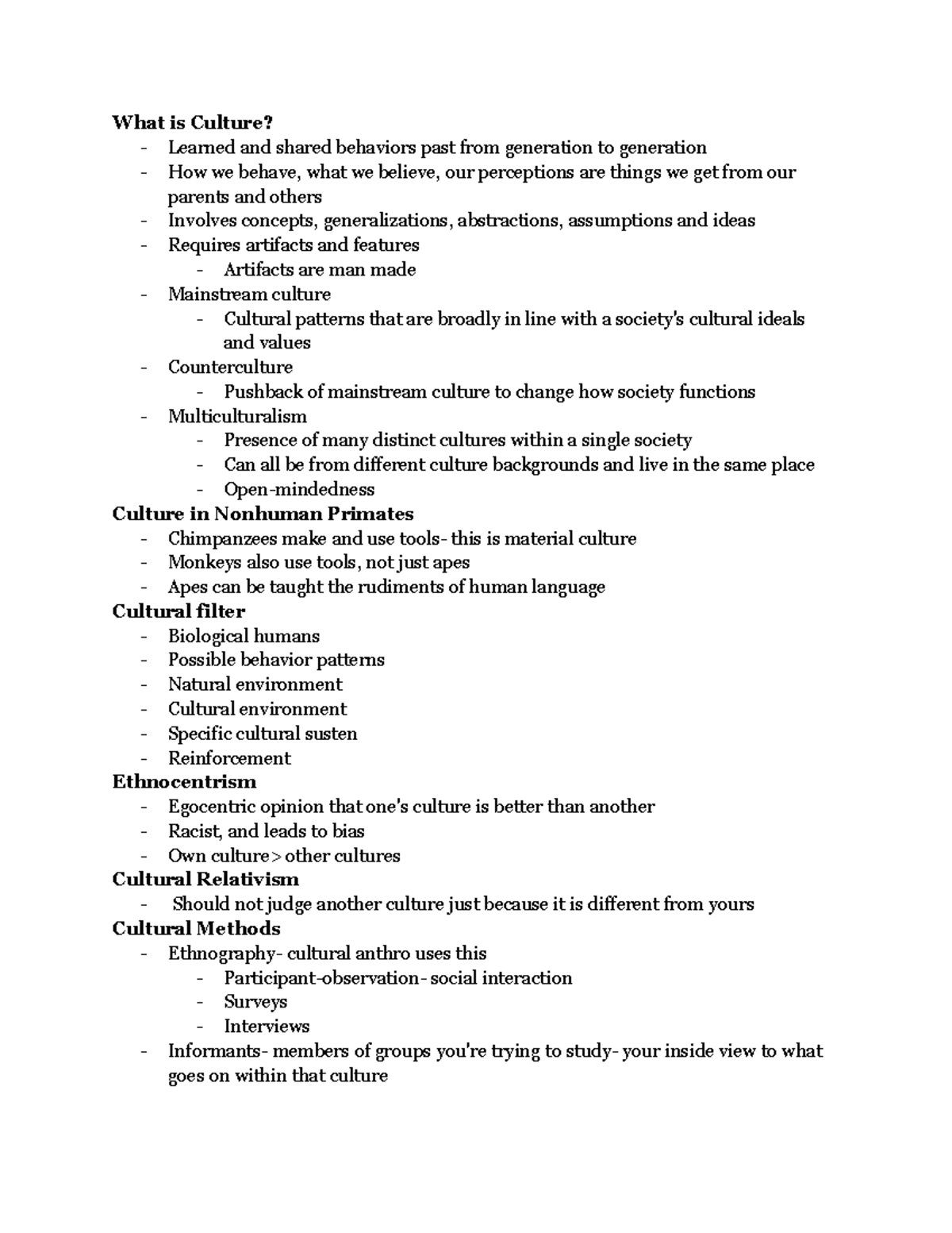 Anthropology Lecture notes 8 - What is Culture? - Learned and shared ...