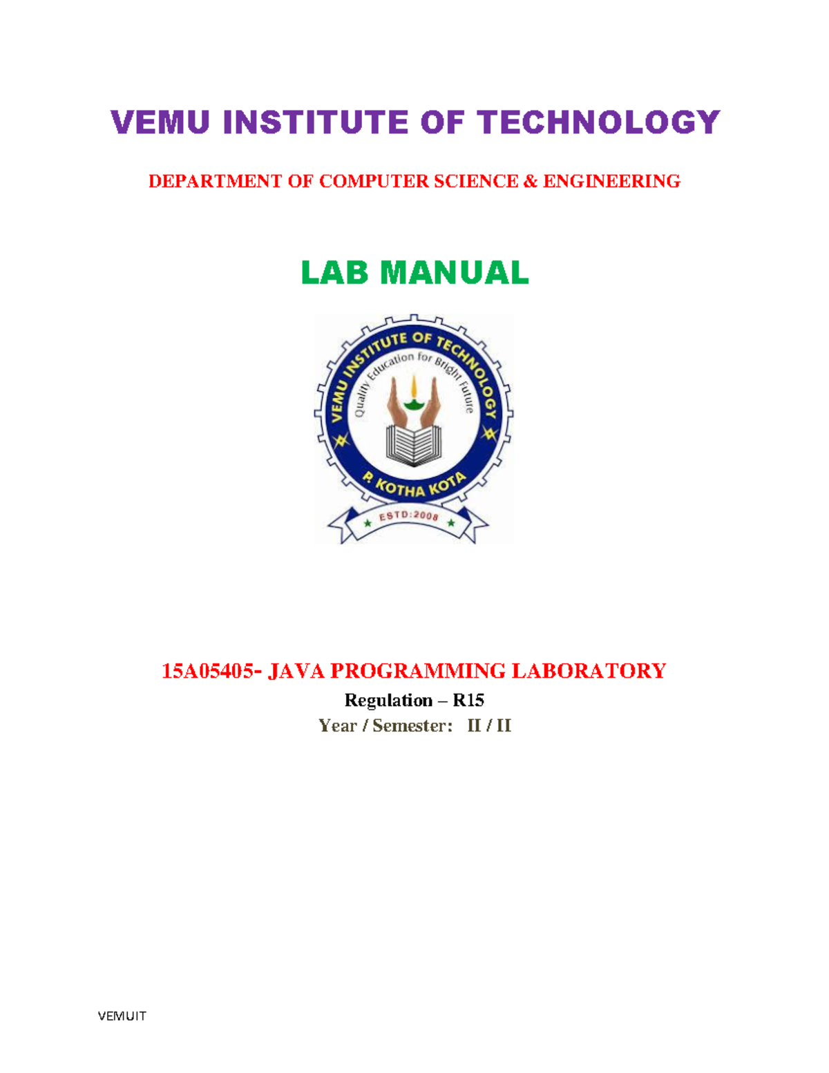 Jntua Java Programming Lab Manual Lab Record - VEMU INSTITUTE OF ...