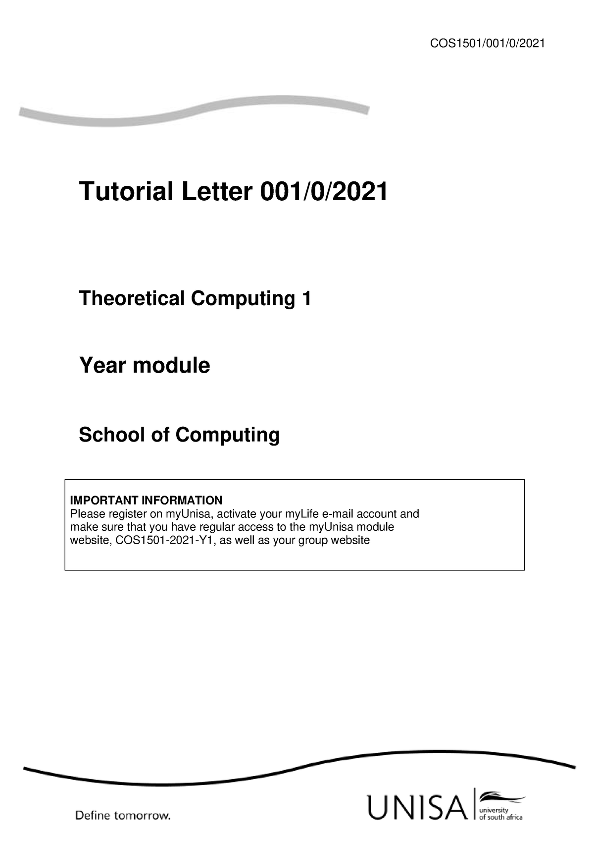 Tutorial Letter 001 (Both) For COS1501 - COS1501/001/0/ Tutorial Letter ...