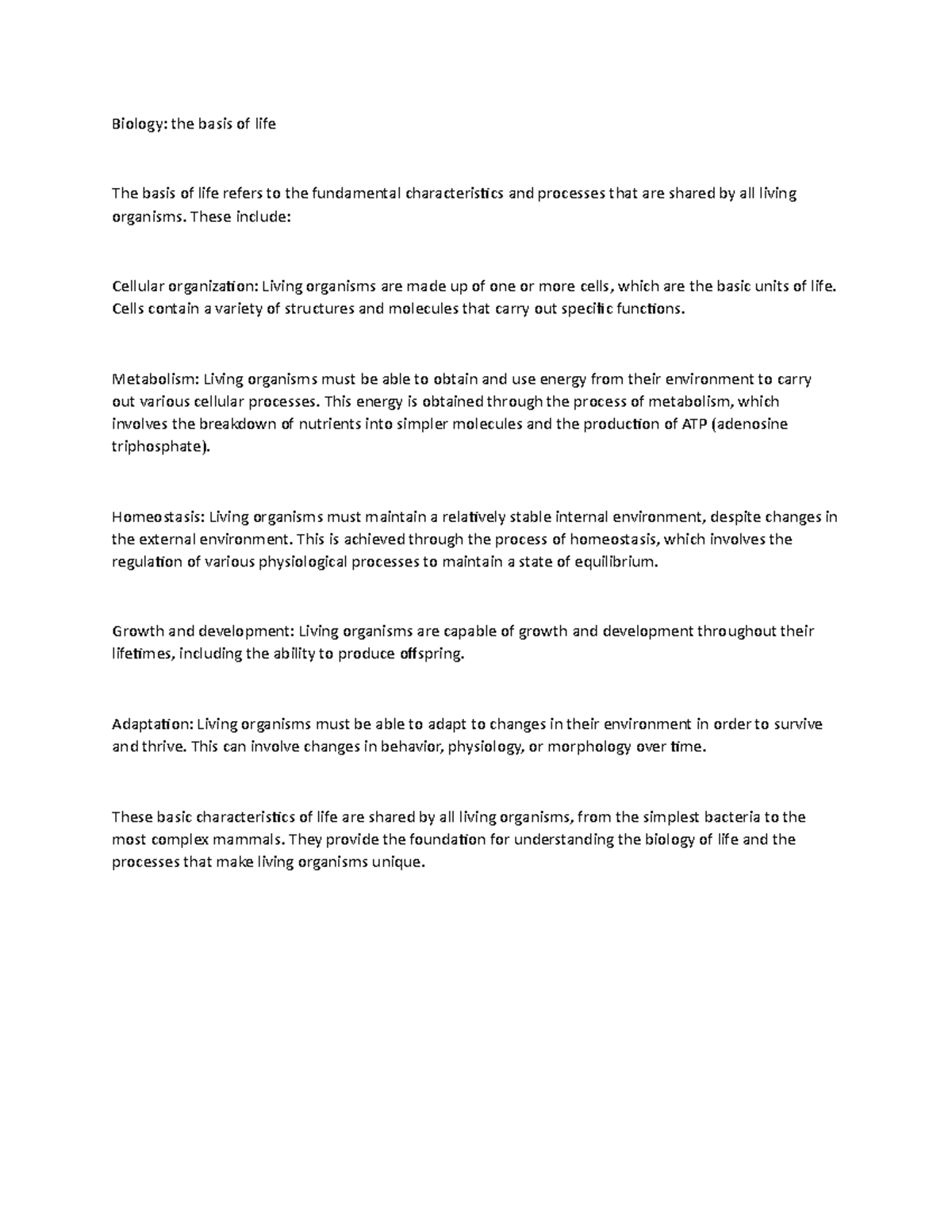 The basis of life - lectures notes from biology 101 - Biology: the ...