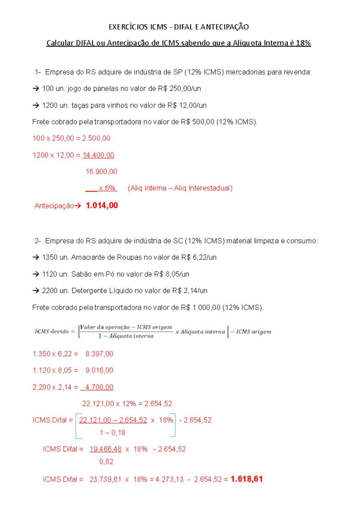 Exercício Icms Difal Antecip Resolvido ExercÍcios Icms Difal E AntecipaÇÃo Calcular Difal