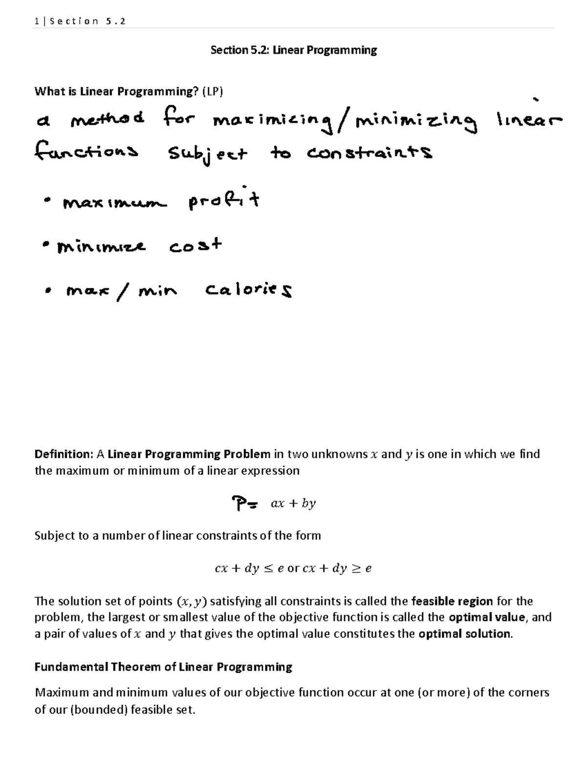 Section 5.2 Notes - Section 5. 2 : Linear Programming What is Linear ...