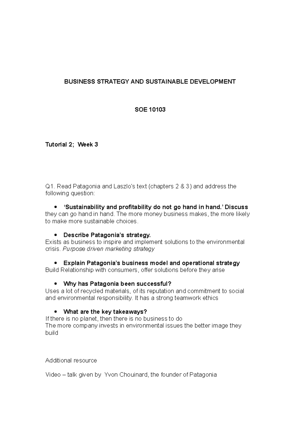 Tutorial 2; week 3 - BUSINESS STRATEGY AND SUSTAINABLE DEVELOPMENT SOE ...