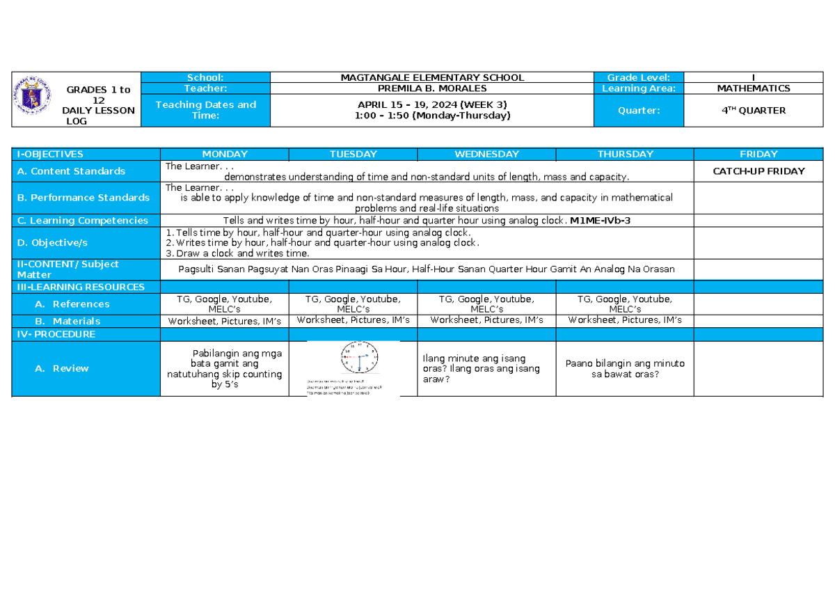 Week 3 - GRADES 1 to 12 DAILY LESSON LOG School: MAGTANGALE ELEMENTARY ...