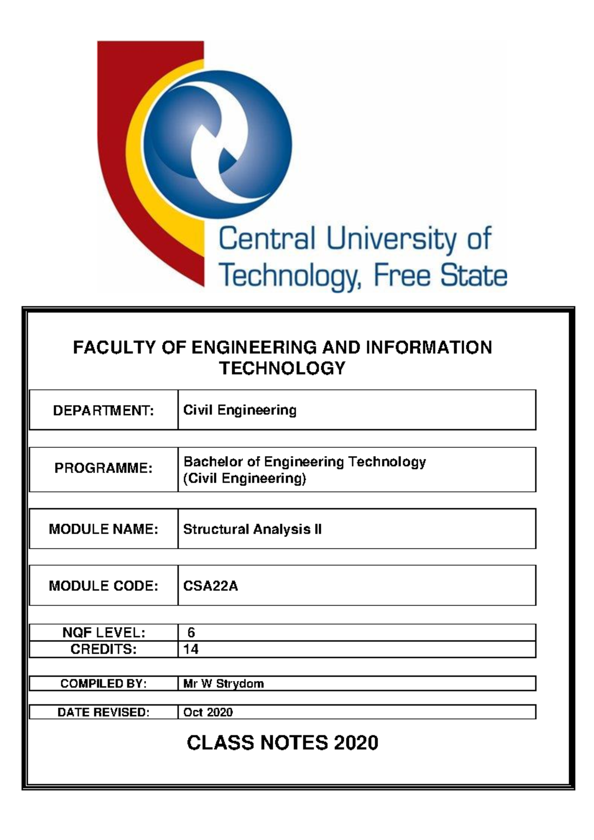 CSA22A - Class Notes 2020 Rev0 - FACULTY OF ENGINEERING AND INFORMATION ...