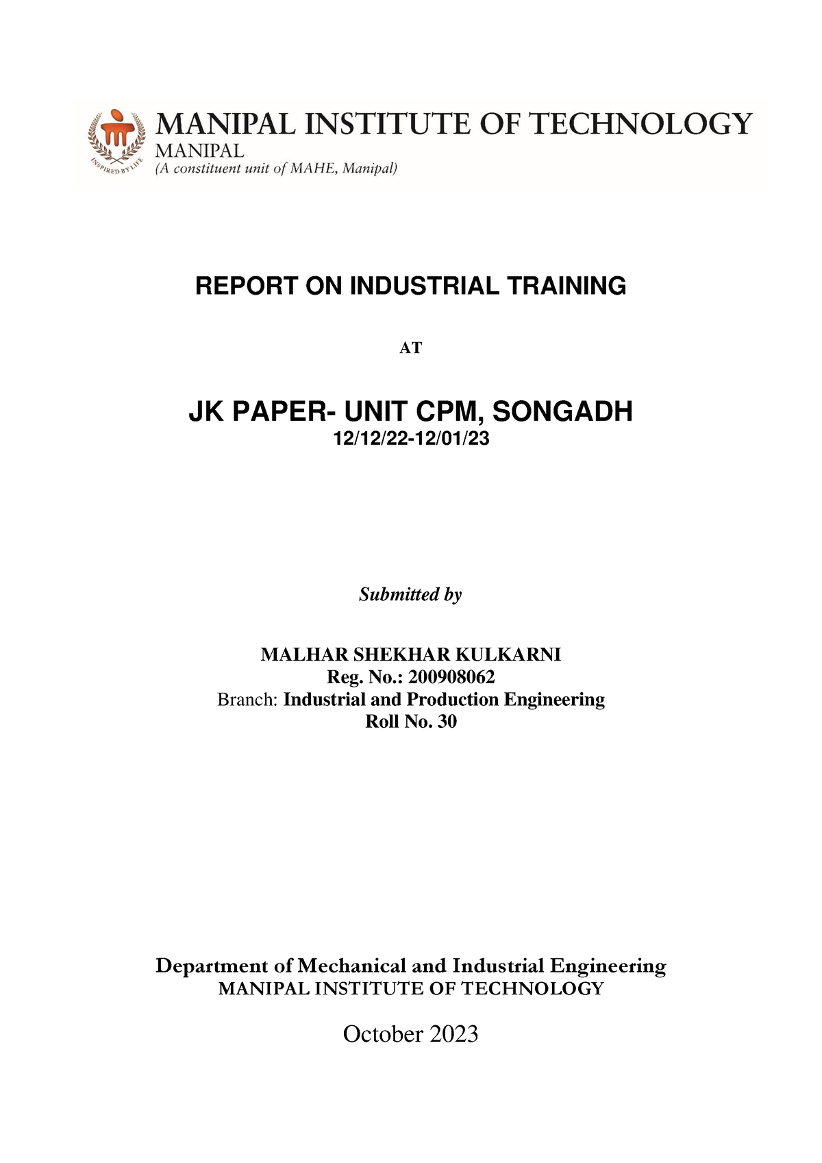 Industrial Training Report - REPORT ON INDUSTRIAL TRAINING AT JK PAPER ...