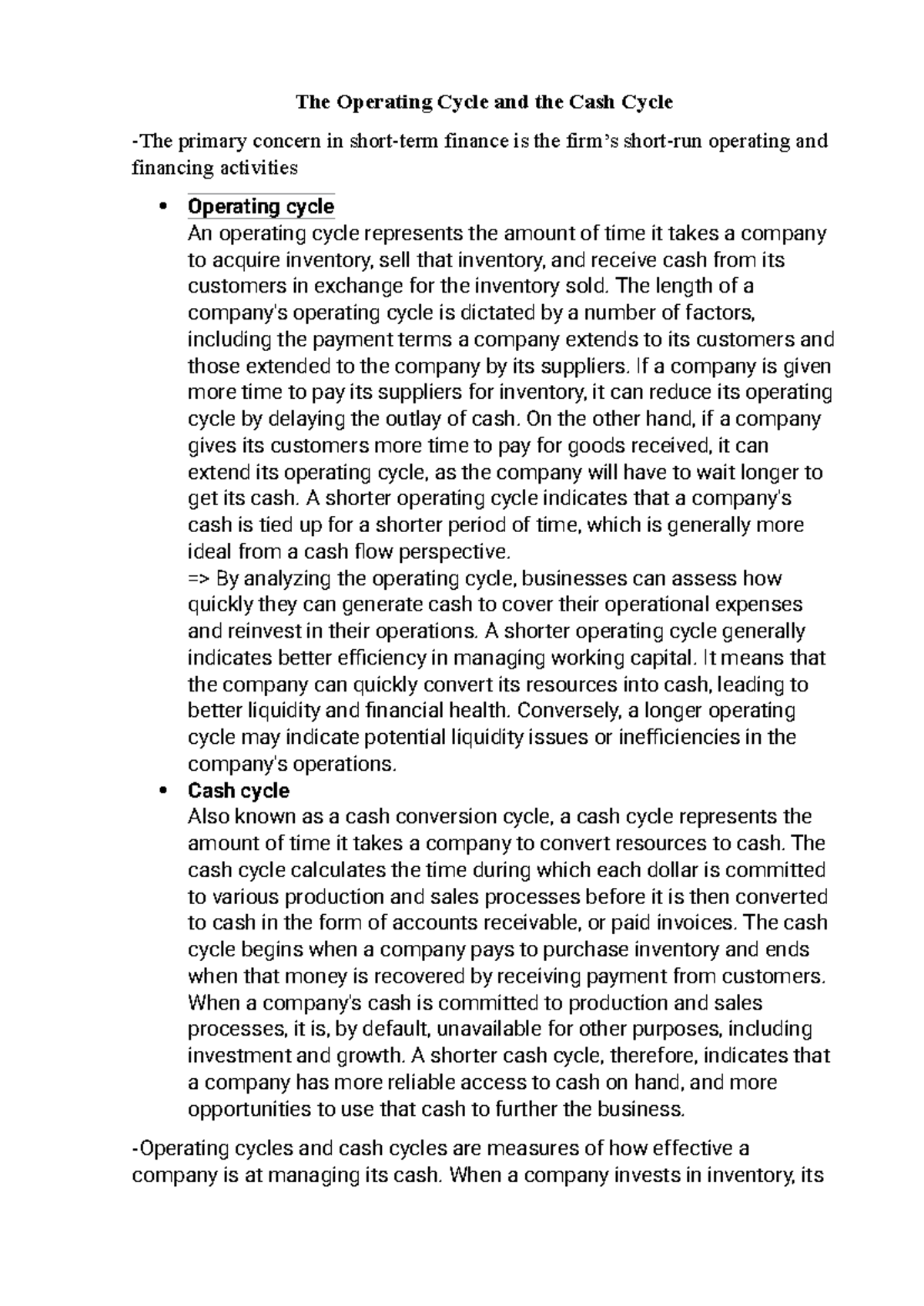 Tcdn-bs - ÔN THI - The Operating Cycle and the Cash Cycle The primary ...