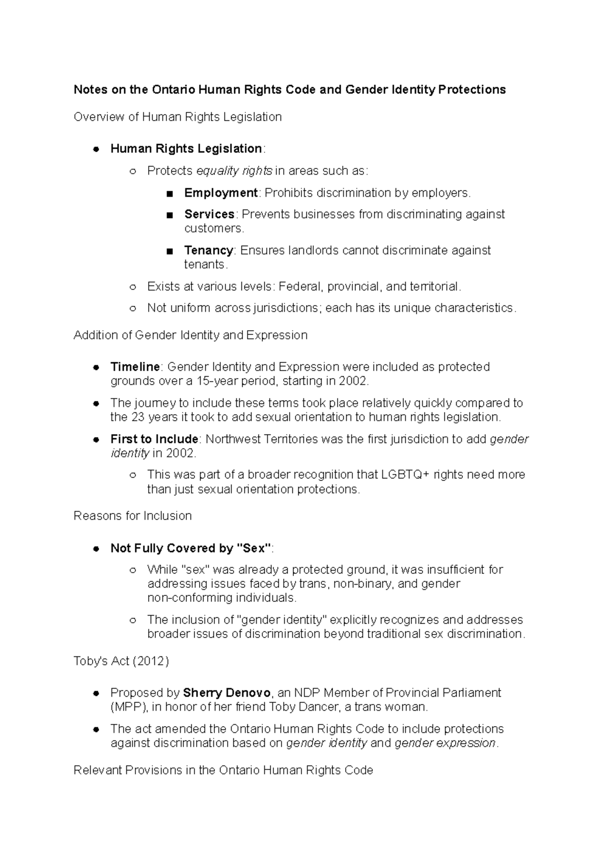 Gender and study week 10 - Notes on the Ontario Human Rights Code and ...