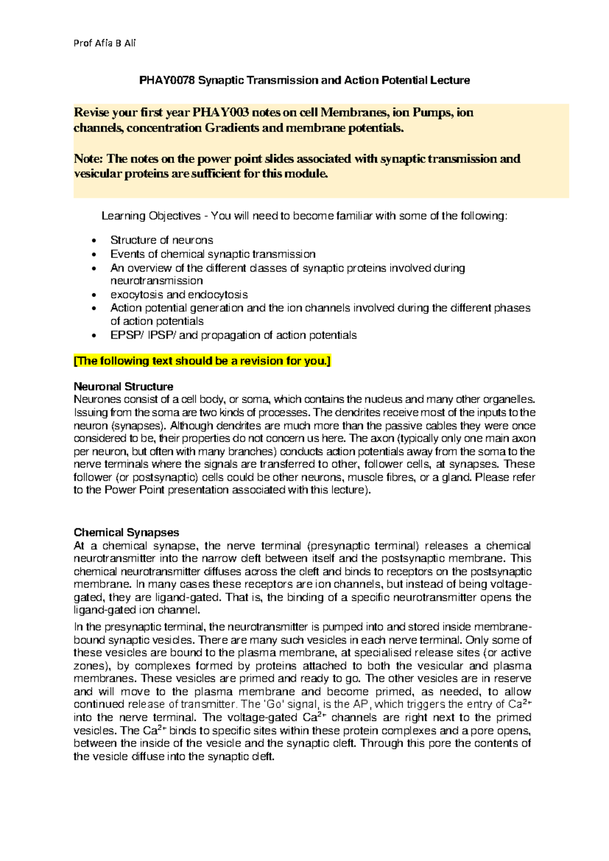 Synaptic transmission APs Excitation Lecture Notes 2024 ...