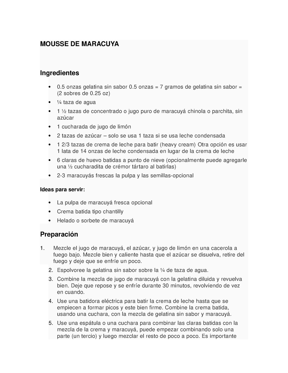 Mousse De Maracuya Mousse De Maracuya Ingredientes Onzas Gelatina Sin Sabor Onzas Gramos De Gelatina Sin Sabor Sobres De 25 Oz Taza De Agua Tazas De Studocu