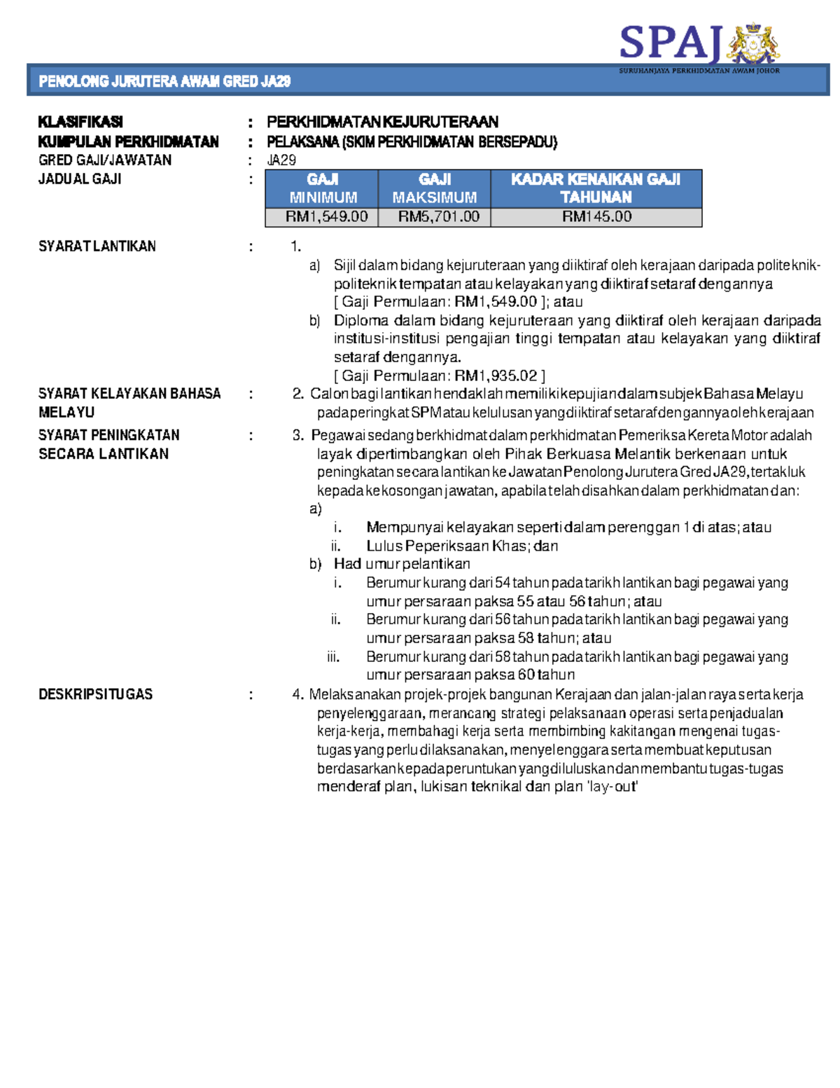 6.Penolong Jurutera Awam JA29 G RED GAJI/ JAW AT AN JA 29 JADUAL