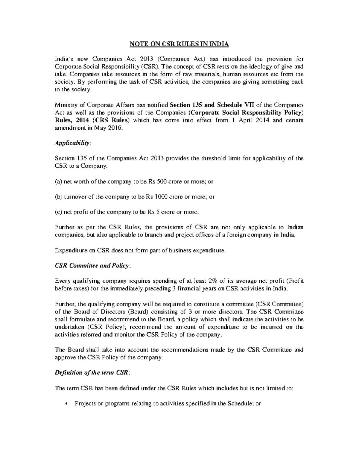 CSR Provisions in India NOTE ON CSR RULES IN INDIA India`s new
