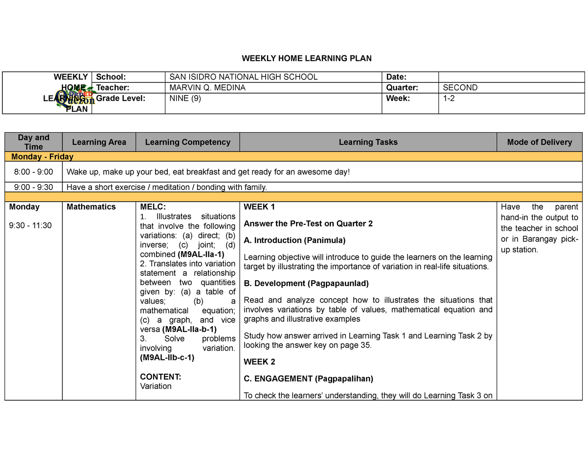 Q2-MATH-W1 1 - LESSON PLAN - WEEKLY HOME LEARNING PLAN WEEKLY HOME ...