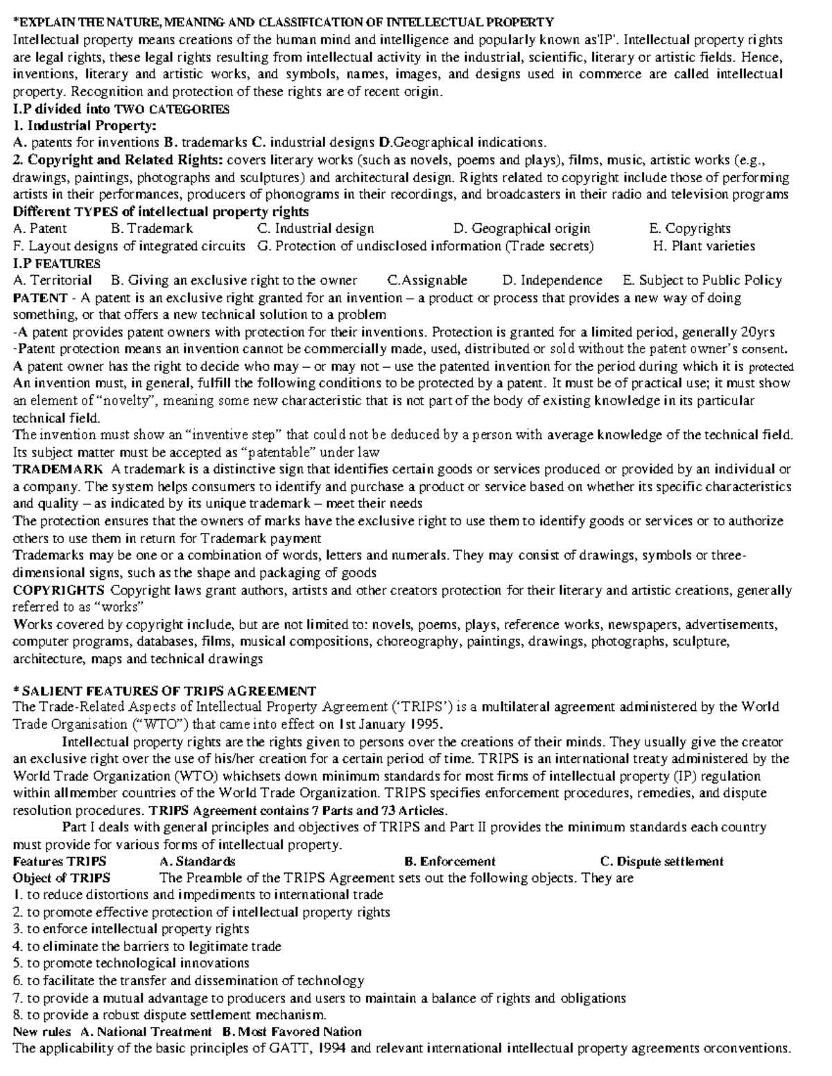 Intellectual Property LAW - * EXPLAIN THE NATURE, MEANING AND ...