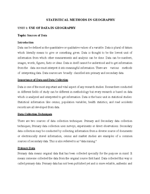 USE OF DATA IN Geography Source Of Data - STATISTICAL METHODS IN ...