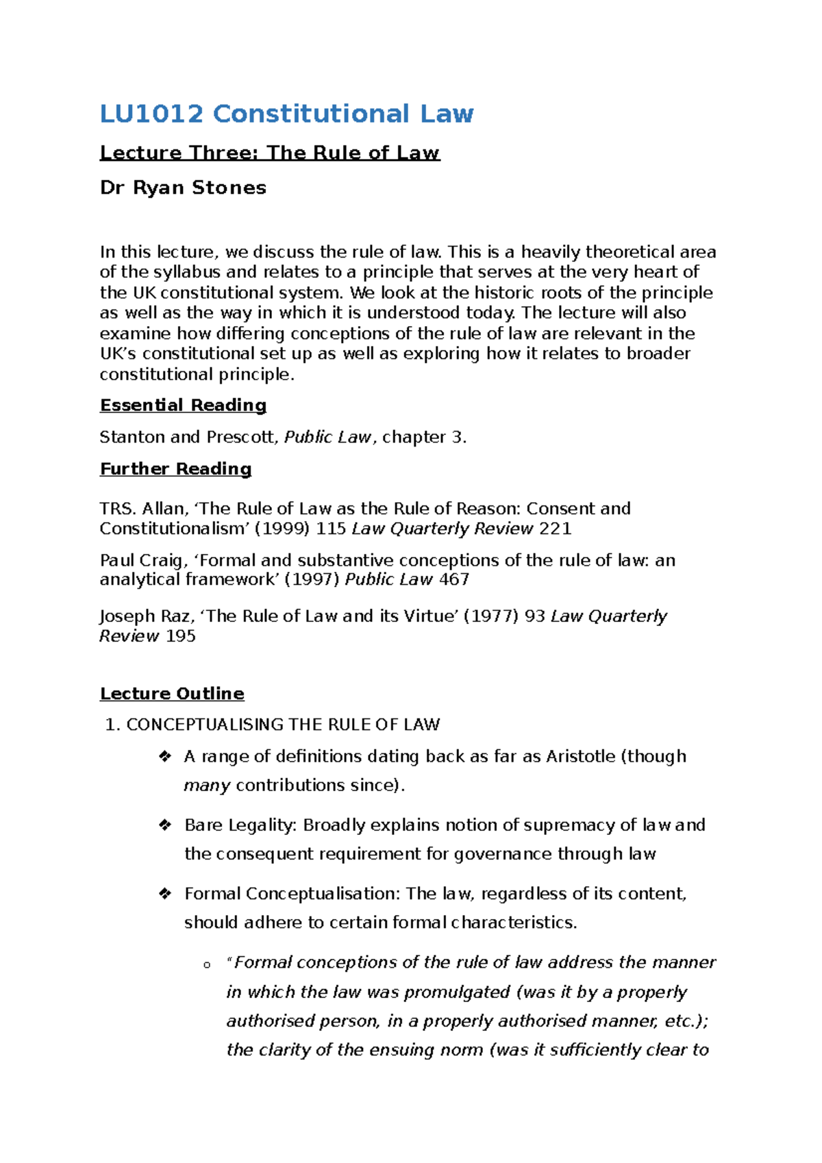 Lecture 3 Handout (2022) LU1012 Constitutional Law Lecture Three The