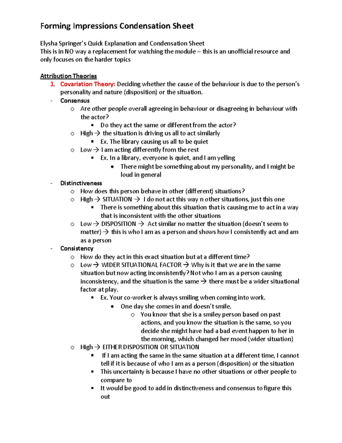 Forming Impressions Summary Sheet - Forming Impressions Condensation ...