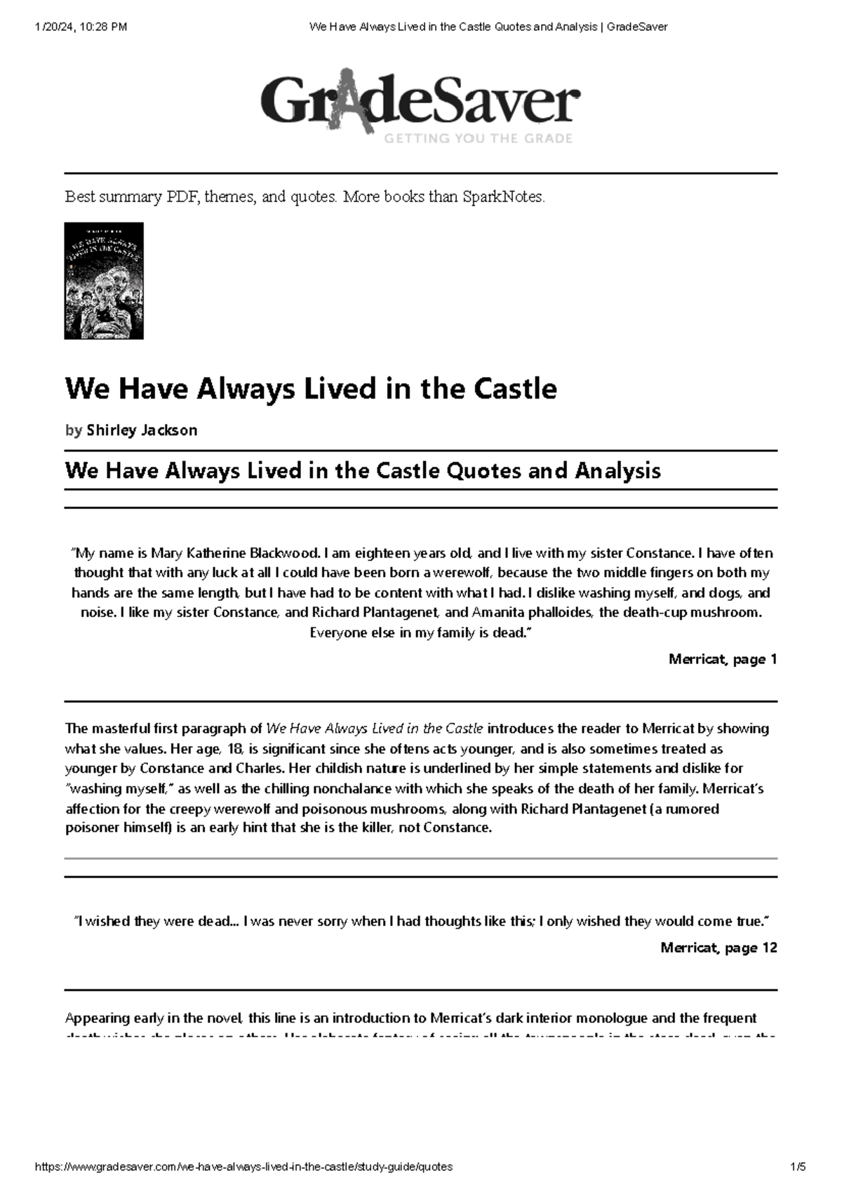 We Have Always Lived In The Castle Quotes And Analysis Grade Saver 