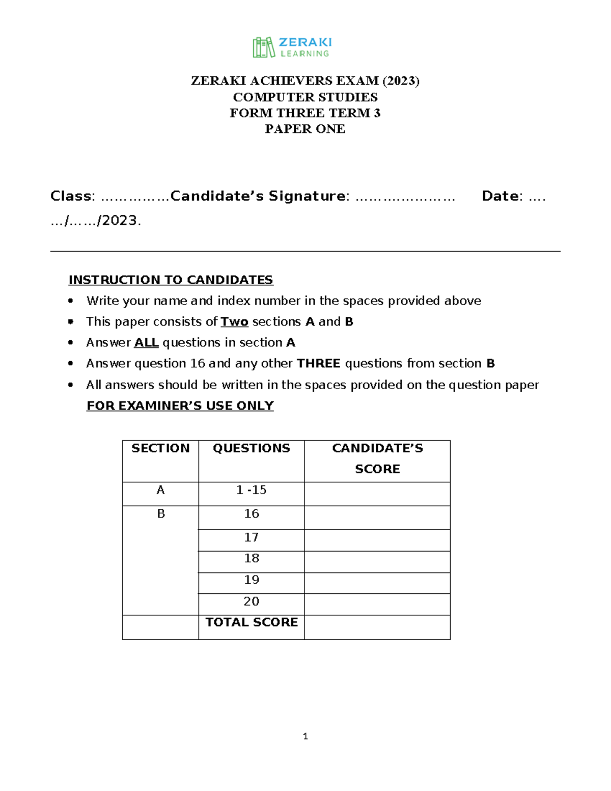 Computer Studies - Paper 1 - Question Paper - ZERAKI ACHIEVERS EXAM ...