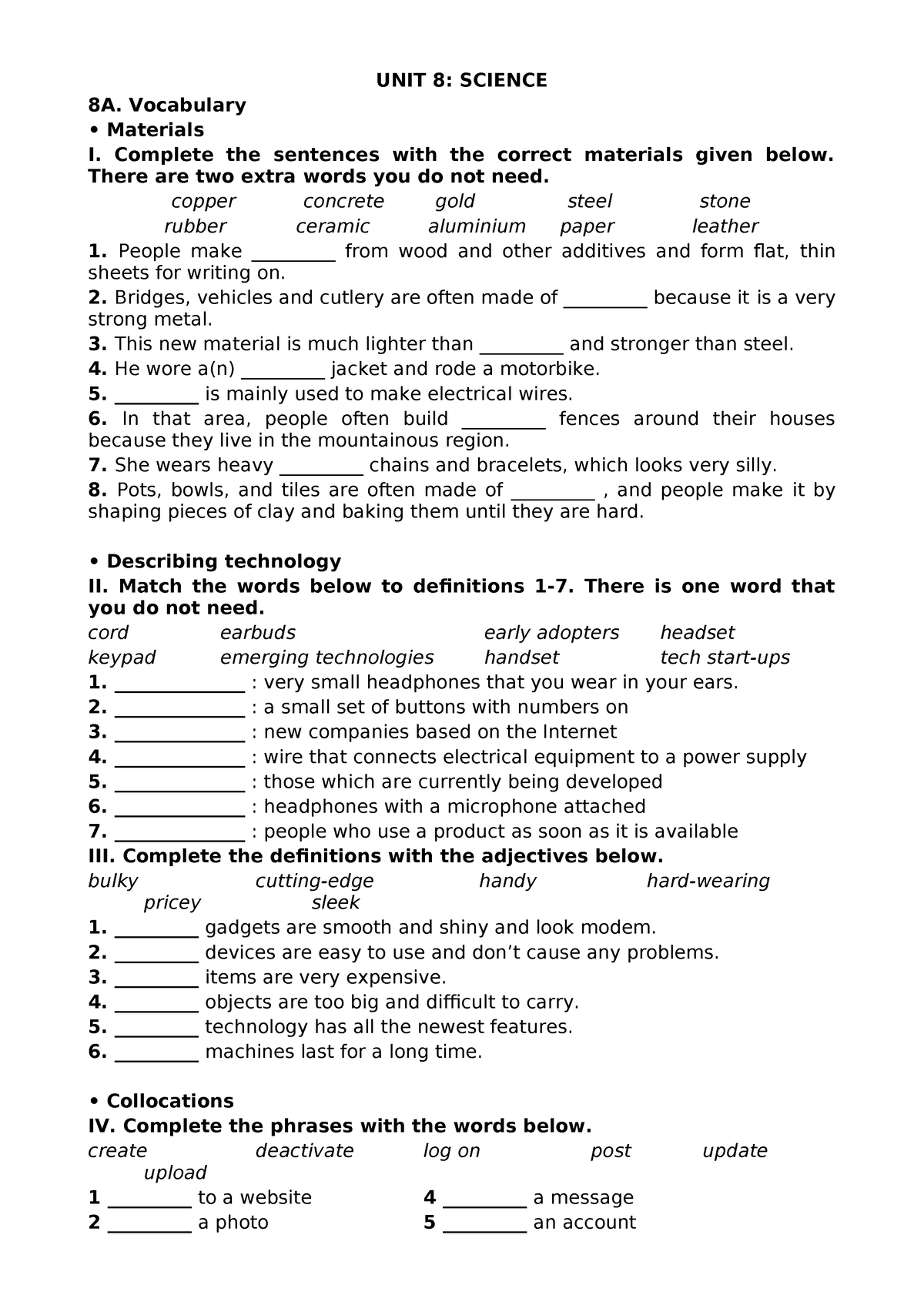 English 10 Unit 8 - UNIT 8: SCIENCE 8A. Vocabulary Materials I ...