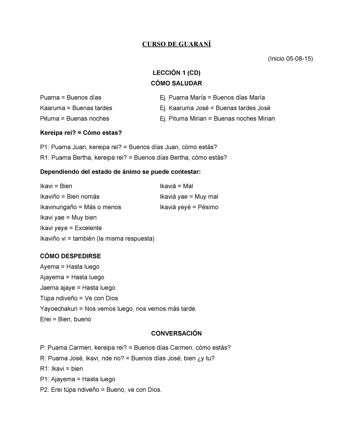 Apuntes Guaraní Básico Curso De GuaranÍ Inicio 05 08 15 LecciÓn 1 Cd CÓmo Saludar Puama 6091