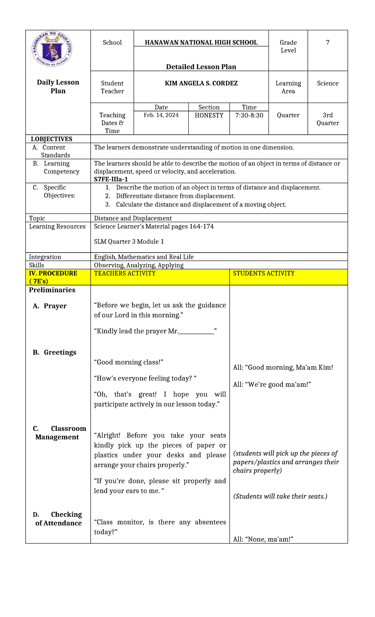 Distance and Displacement-DLP Grade 7 - Daily Lesson Plan School ...