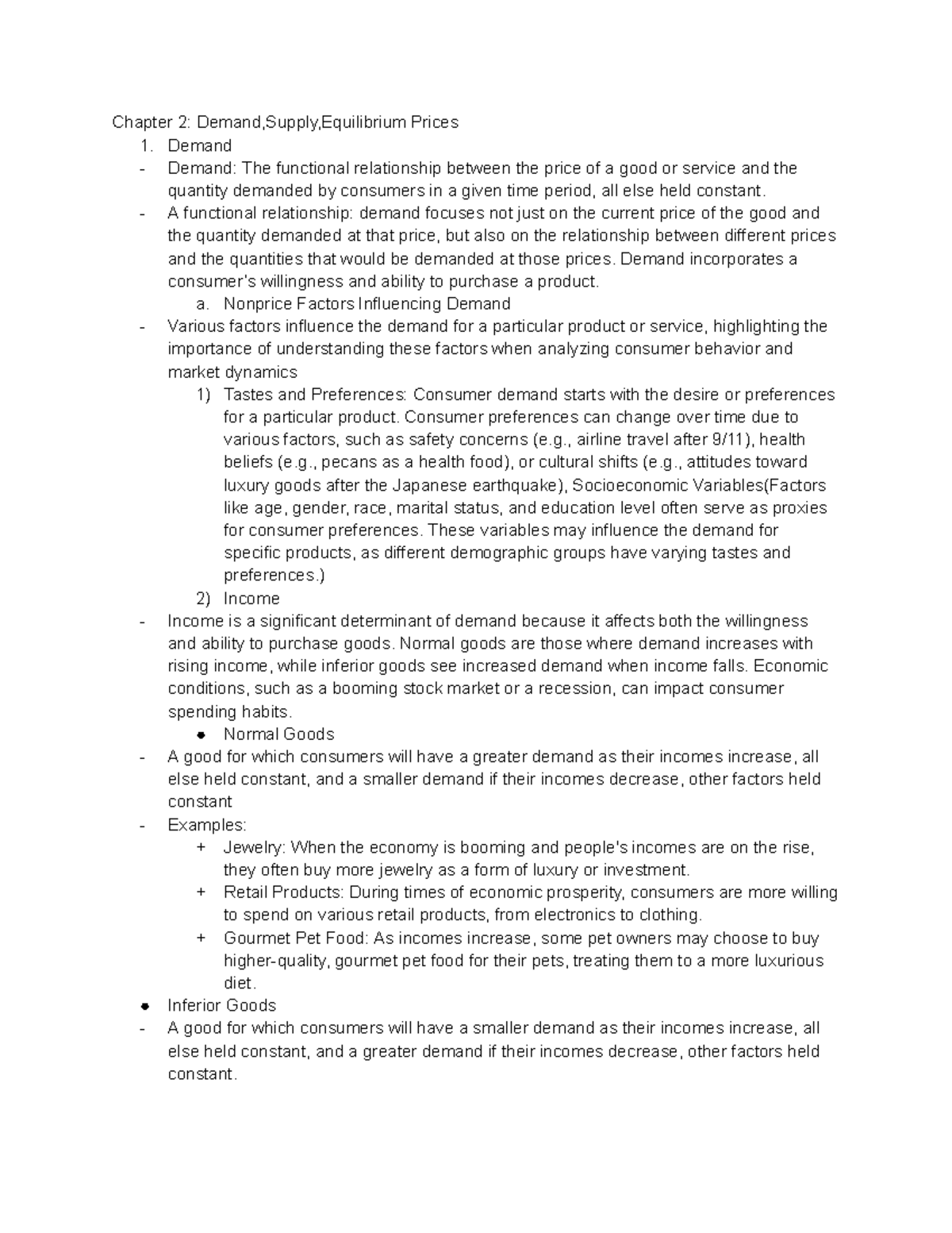 ECON 315 - Chapter 2 - Chapter 2: Demand,Supply,Equilibrium Prices 1 ...