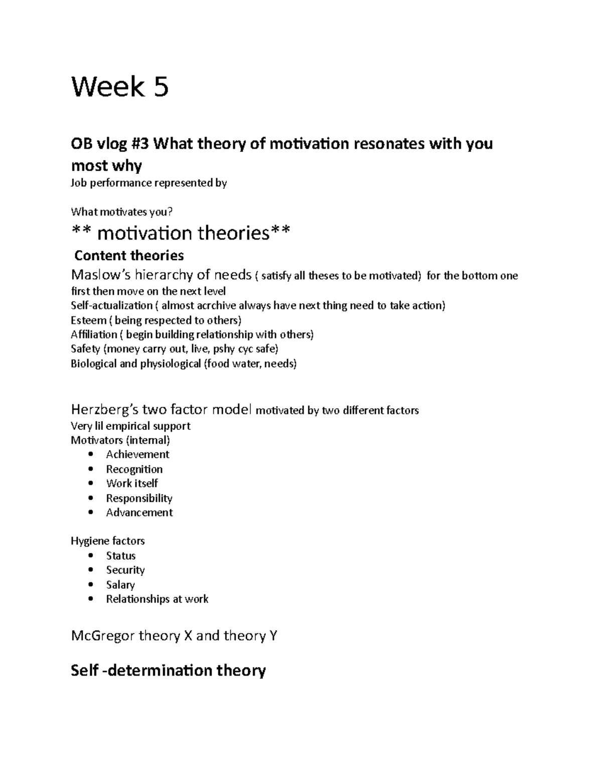 Week 5 OB Notee - Week 5 OB vlog #3 What theory of motivation resonates ...