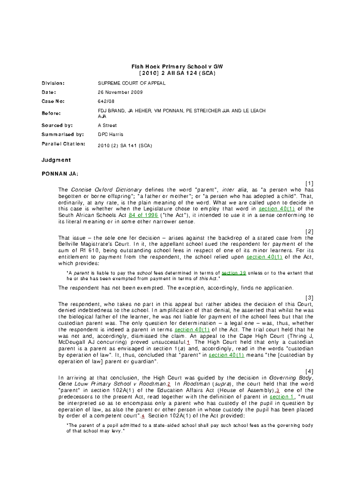 Fish Hoek Primary v GW Fish Hoek case Fish H oek Prim a ry School v