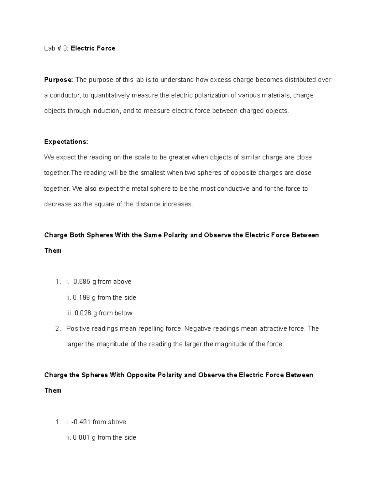 Lab 3 Lecture notes Lab 3 Notes for Electric Force Lab 3 Electric Force Purpose The