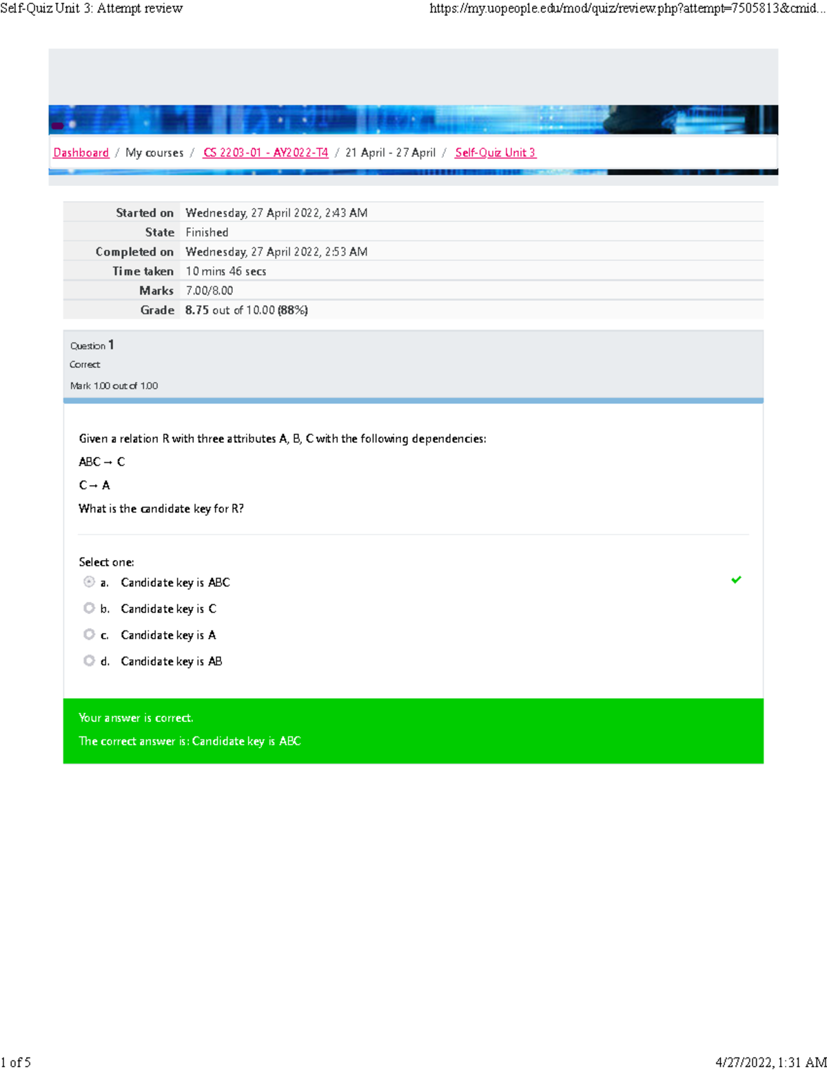 Self-Quiz Unit 3 Attempt review 2 - Started on Wednesday, 27 April 2022 ...