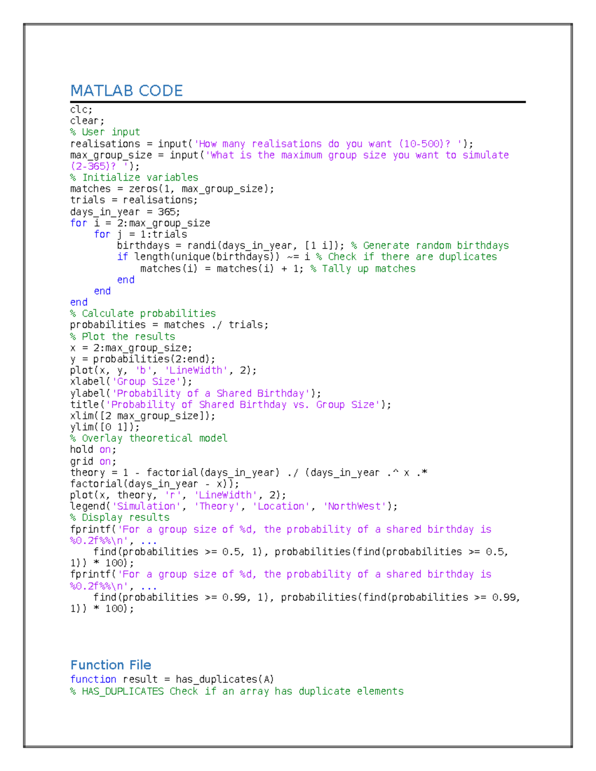 Code File - MATLAB CODE clc; clear; % User input realisations = input ...